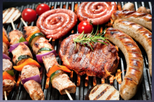 sausages, steak, veggies over grill flame
