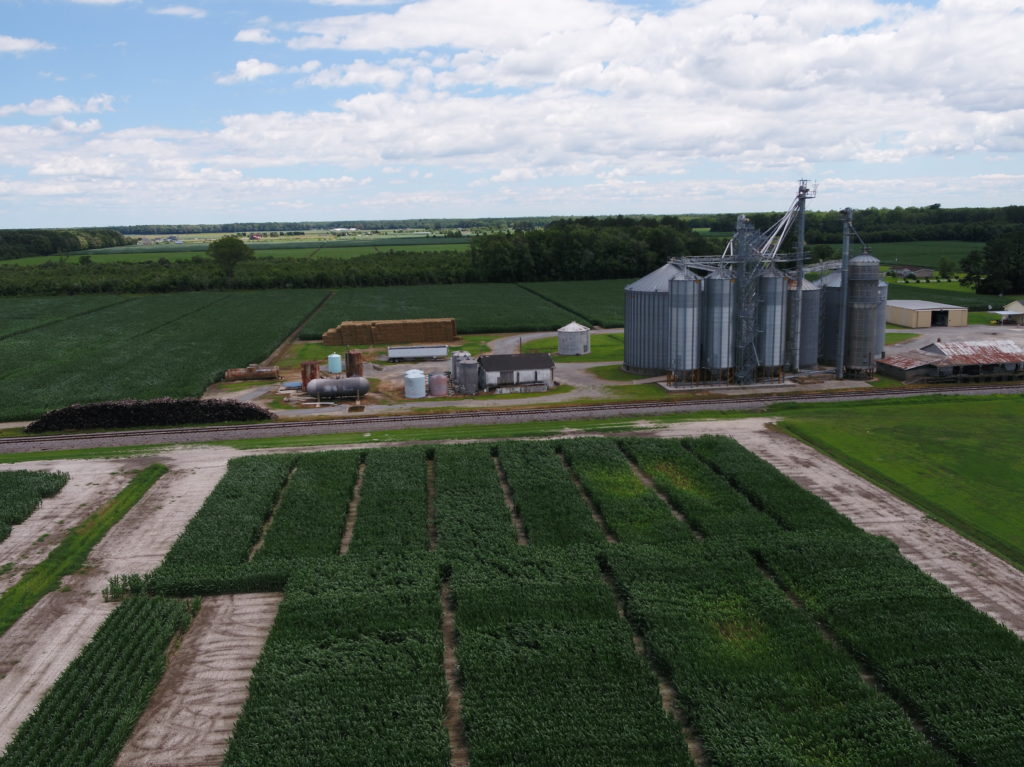 farm fields with grain bins