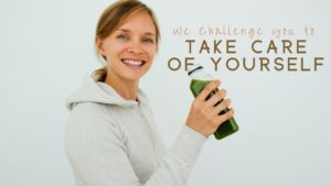 woman with water bottle and words "Take Care of Yourself"