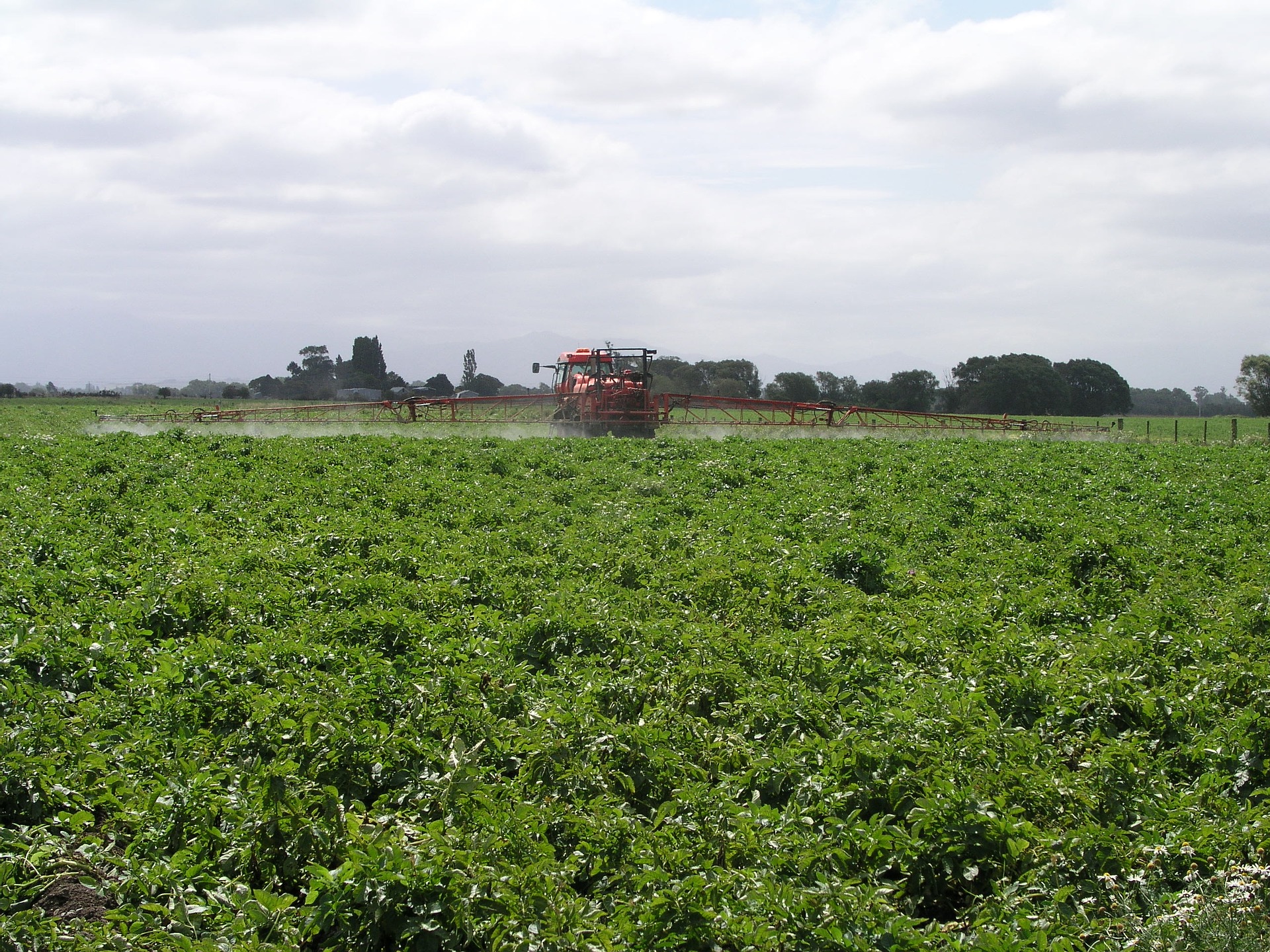 farm field with tractor spraying pesticides