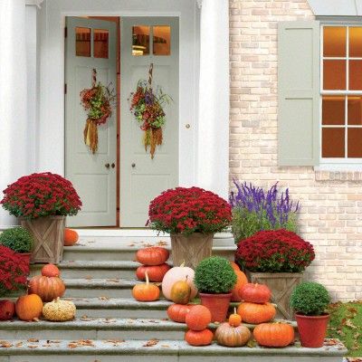 festive fall arrangements at front door