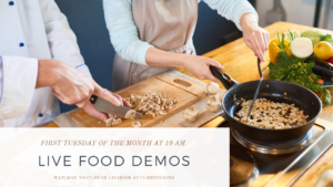 two women cooking & prepping flier for Live Food Demos