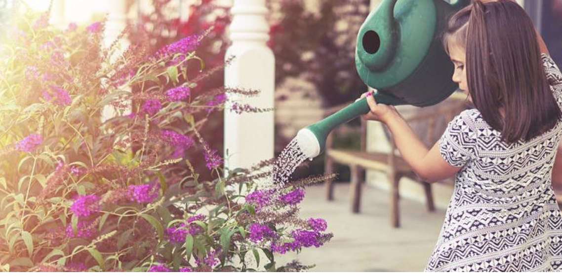 little girl watering flowers