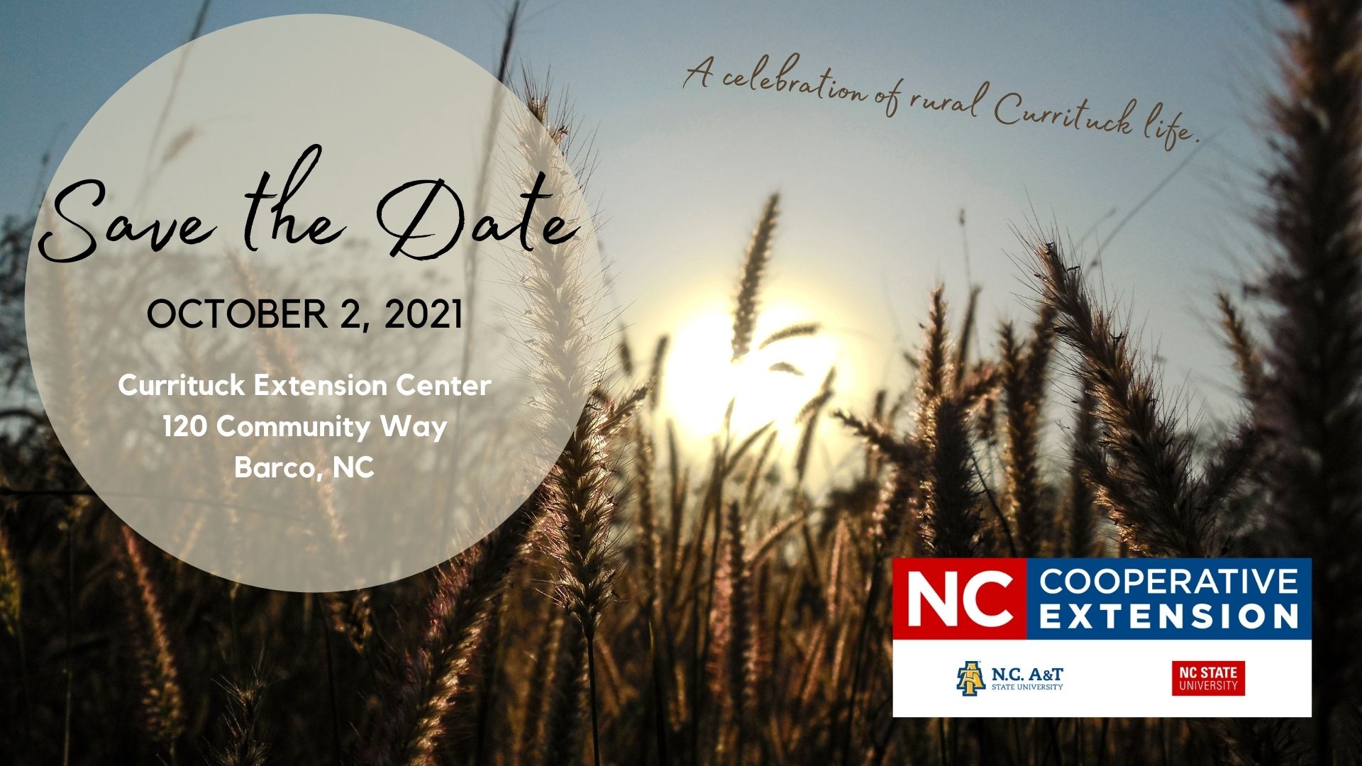 Farm field in background with "Save the Date" A Celebration of rural Currituck Life