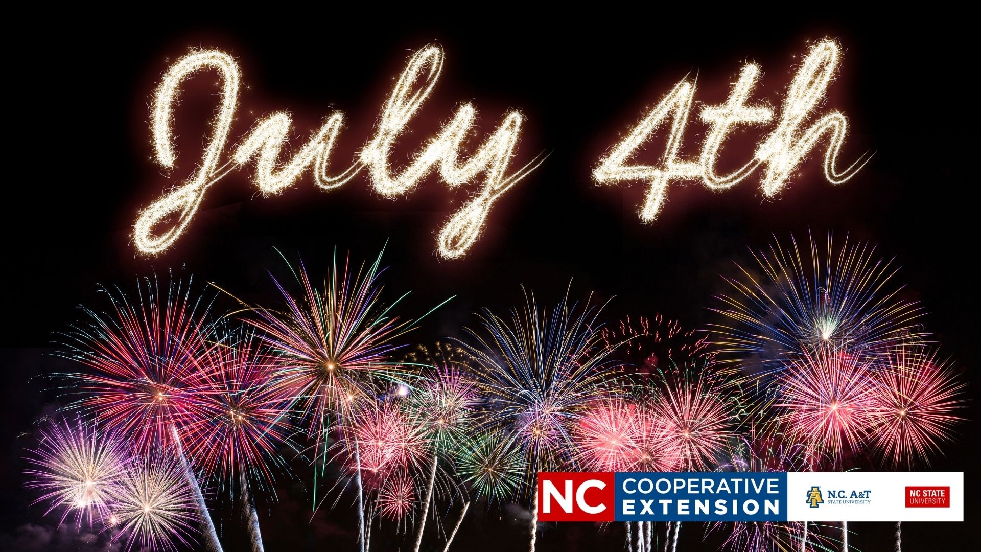 fireworks with gold July 4th and Extension logo