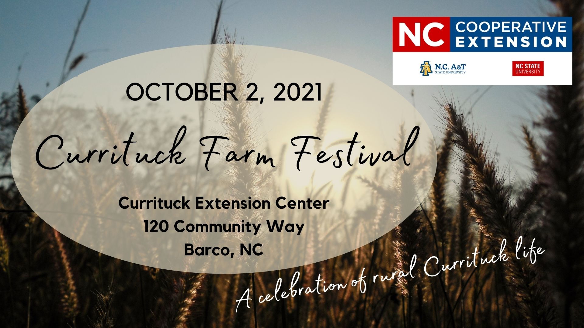 wheat field in background with words advertising Currituck Farm Festival and logos