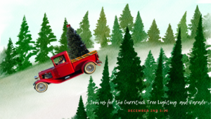 red truck delivers tree for Christmas tree lighting and parade on December 2nd