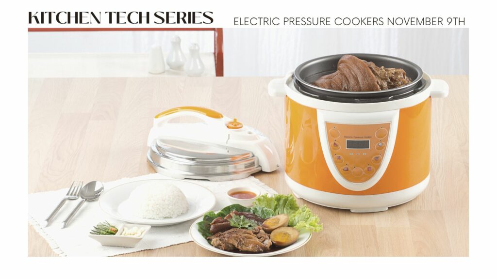 electric pressure cooker being used to prepare a meal 