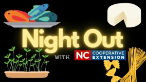 cartoon graphic for night out with Extension series containing fish, pasta, greens, and cheese