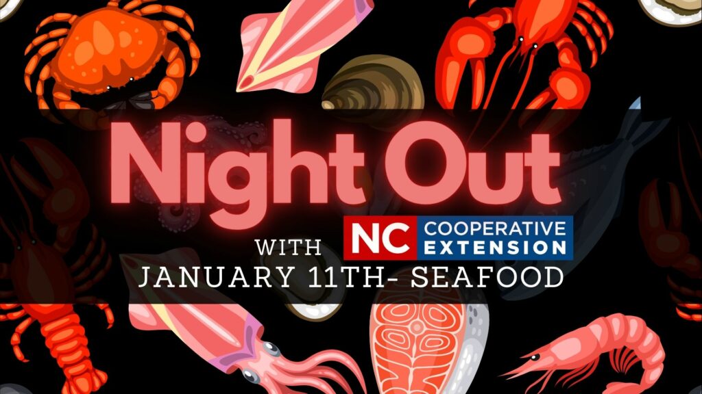 Night out with extension seafood promotion graphic contains various shellfish