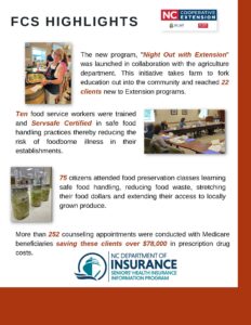 FCS highlights - new night out with extension program, 10 servsafe certified, 75 food preservation participants and 252 medicare counseling sessions saving over $78,000
