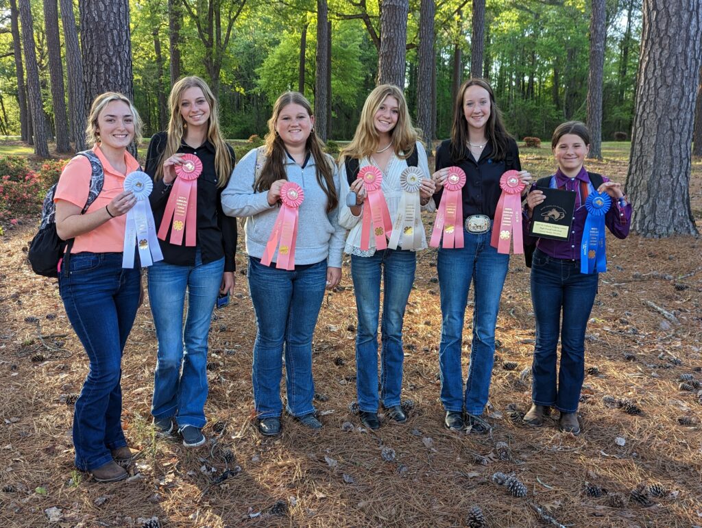 6 girls holding awards ribbons in the woods