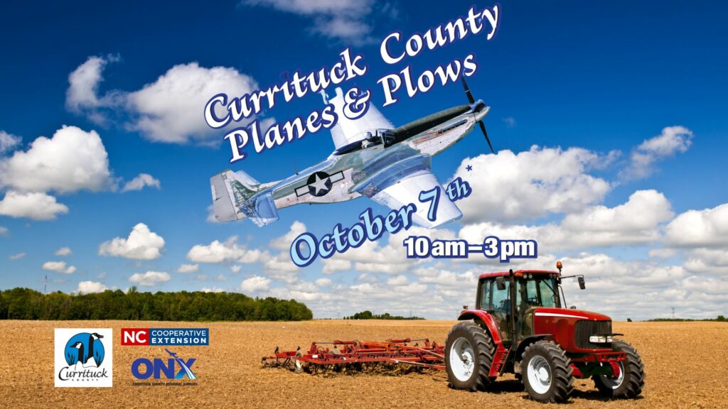 An airplane flying through the air and a tractor plowing a field